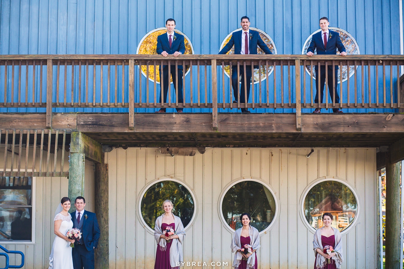 Vandiver Inn wedding bridal party on ground and balcony