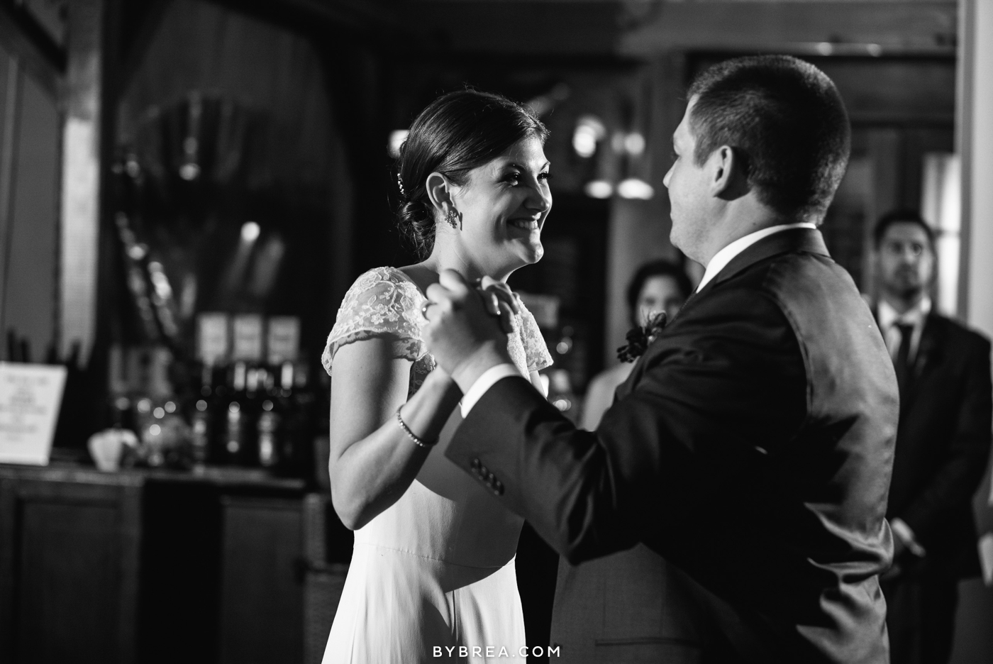 Vandiver Inn wedding black and white bride smiling at groom dancing