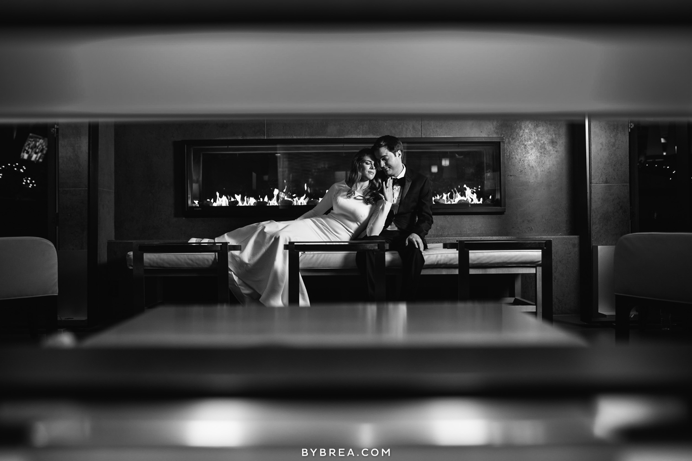 Hotel at Arundel Preserve wedding photo black and white bride and groom portrait fireplace