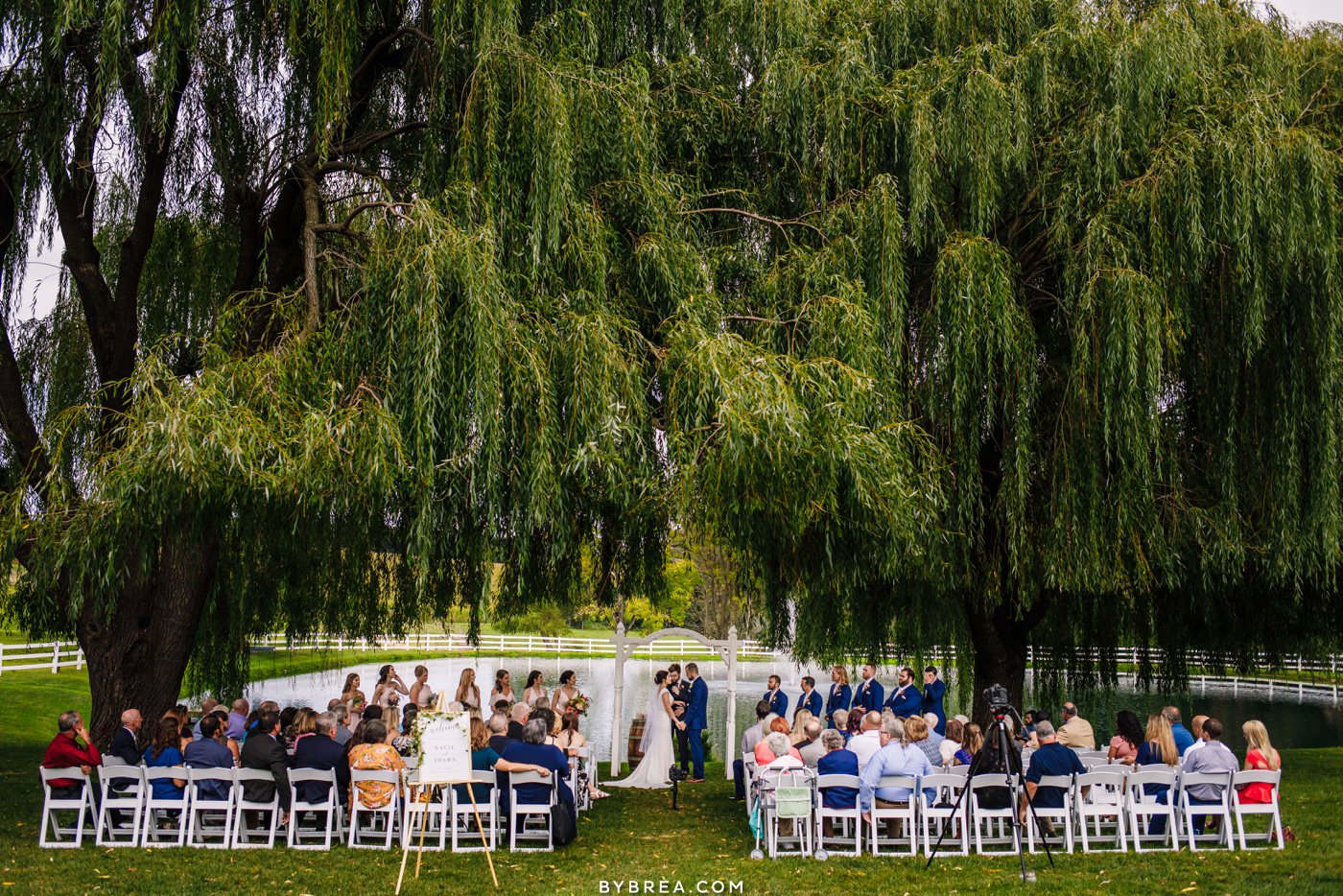 Ceremony under willow tree at Pond View Farm