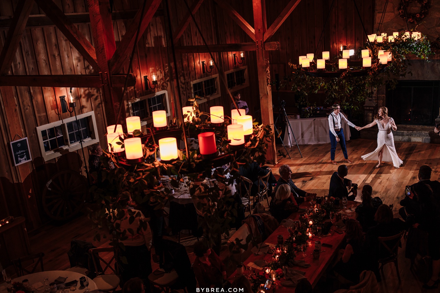 Wide photo of brides first dance during wedding at Tusculum Farm Baltimore wedding photography 