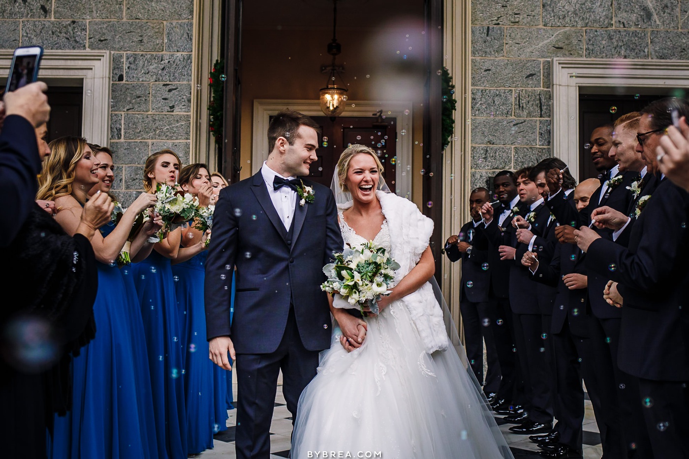 Photo of bubble exit during wedding ceremony at Basilica in Baltimore