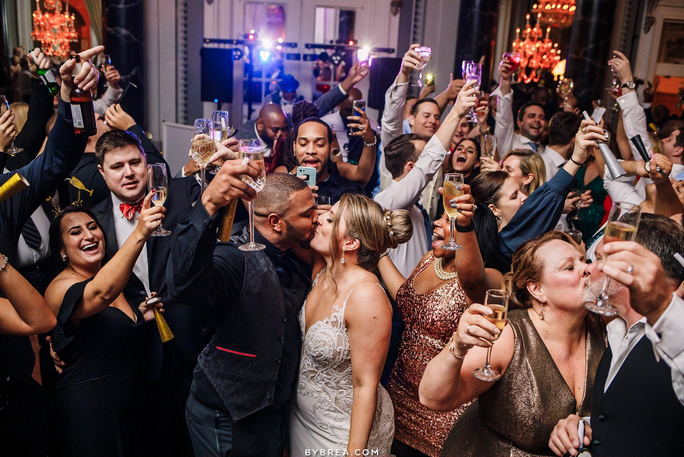 Candid photo of couple's New Year's Eve kiss wedding at Belvedere Hotel