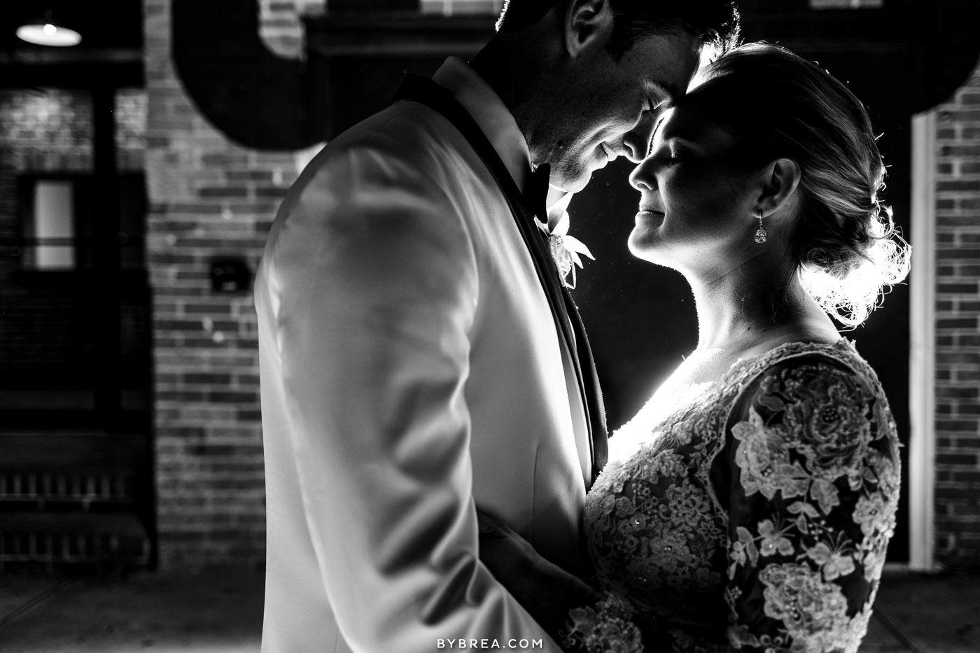 Night shot of bride and groom at the Assembly Room in Baltimore