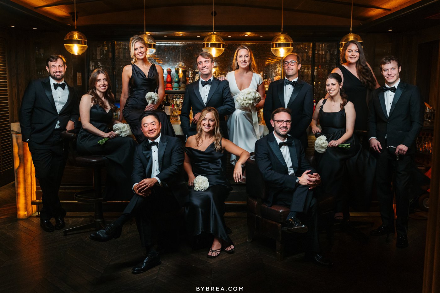Vanity Fair style wedding party photo in the cannon room at the Sagamore Pendry