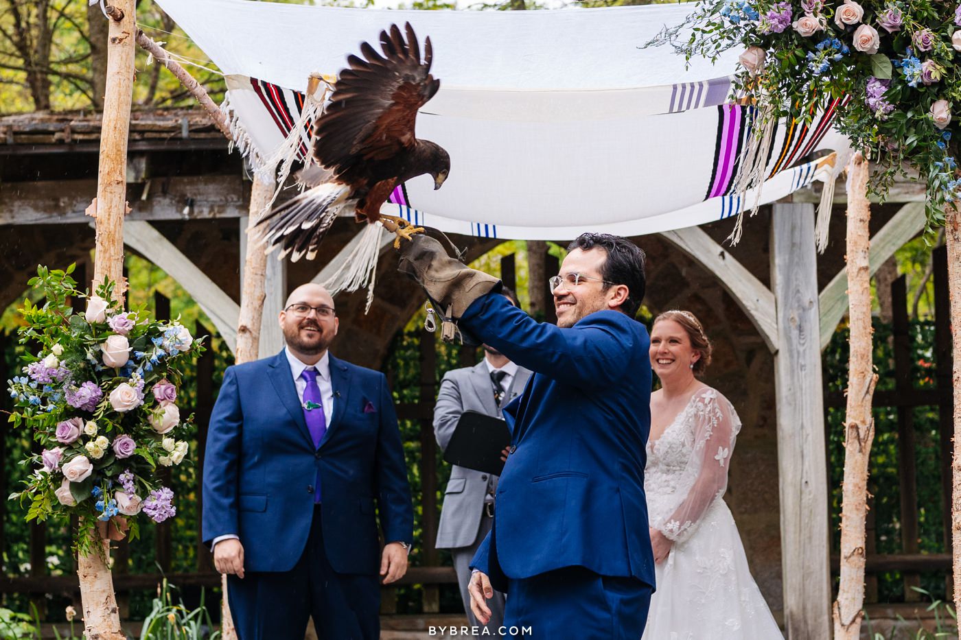 Falcon delivers wedding rings at Cloisters Castle wedding ceremony